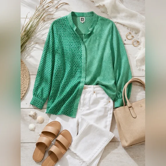 Anne Klein 2X Green Mixed Print Button Front Blouse Tunic Long Sleeve - Picture 1 of 7